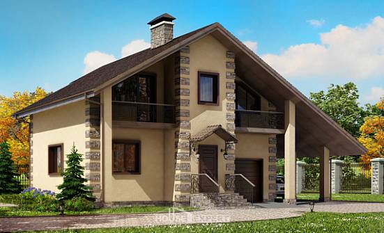 150-003-П Проект двухэтажного дома мансардой и гаражом, бюджетный коттедж из бризолита Кизляр | Проекты домов от House Expert