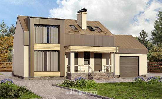 150-015-Л Проект двухэтажного дома мансардный этаж и гаражом, простой загородный дом из блока Дербент | Проекты домов от House Expert